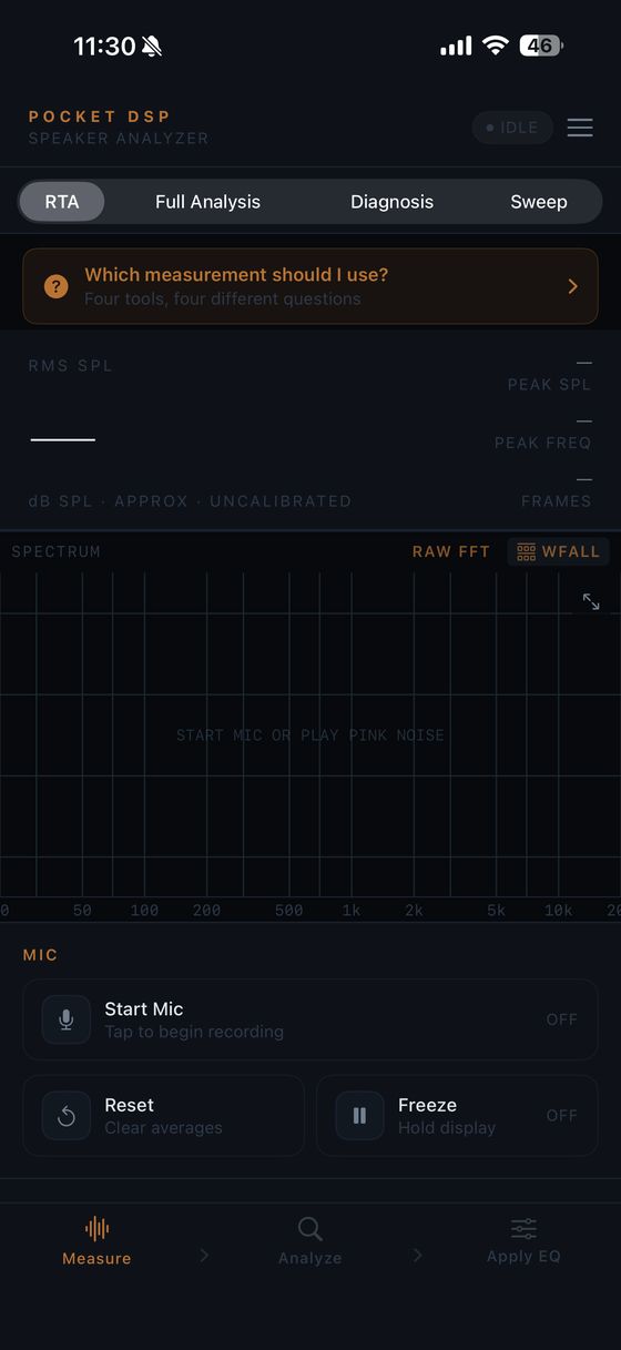 Pocket DSP Measure screen with RTA, Full Analysis, Diagnosis and Sweep tools